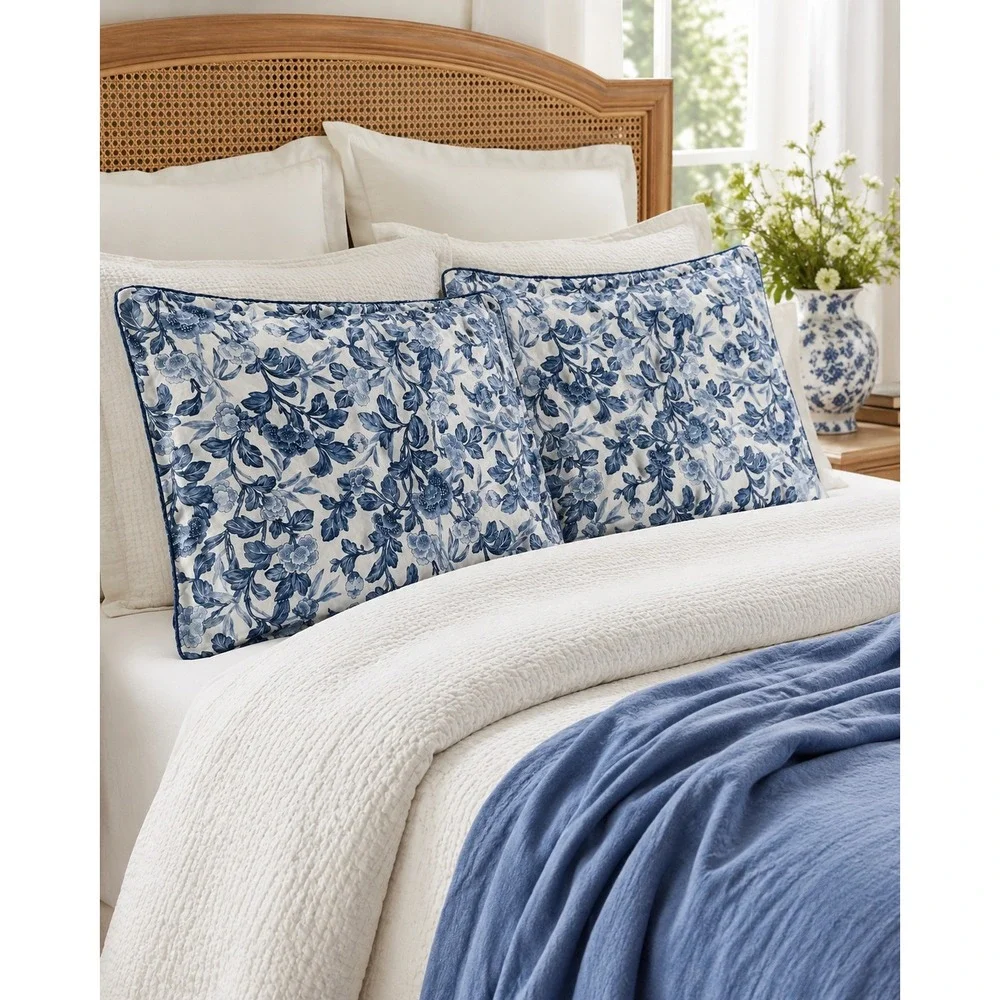 Vintage Ralph Lauren Blue white Floral Standard Pillow Shams Pair 23x27 90s